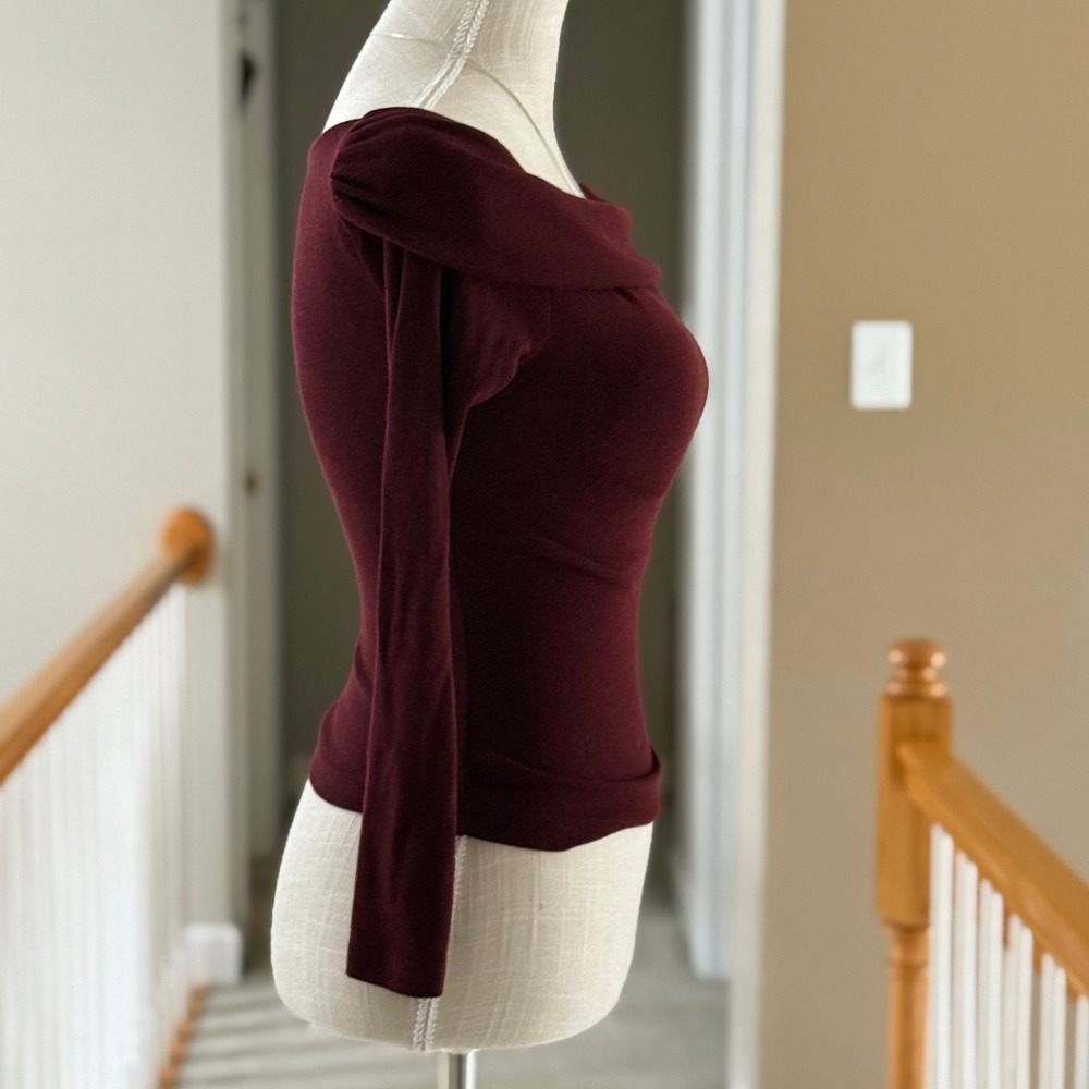 OGL Womens Off Shoulder Long Sleeve Brami Top Built-In Bra Burgundy Wine XS - Picture 6 of 10